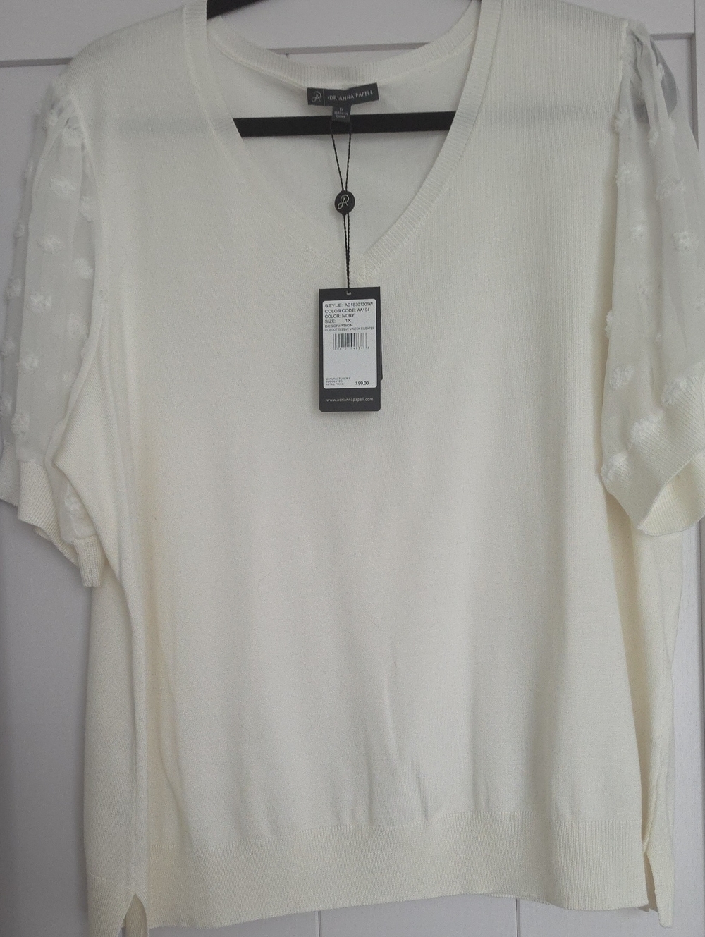 Adrianna Papell Winter White V-Neck Short Sleeve Knit Top